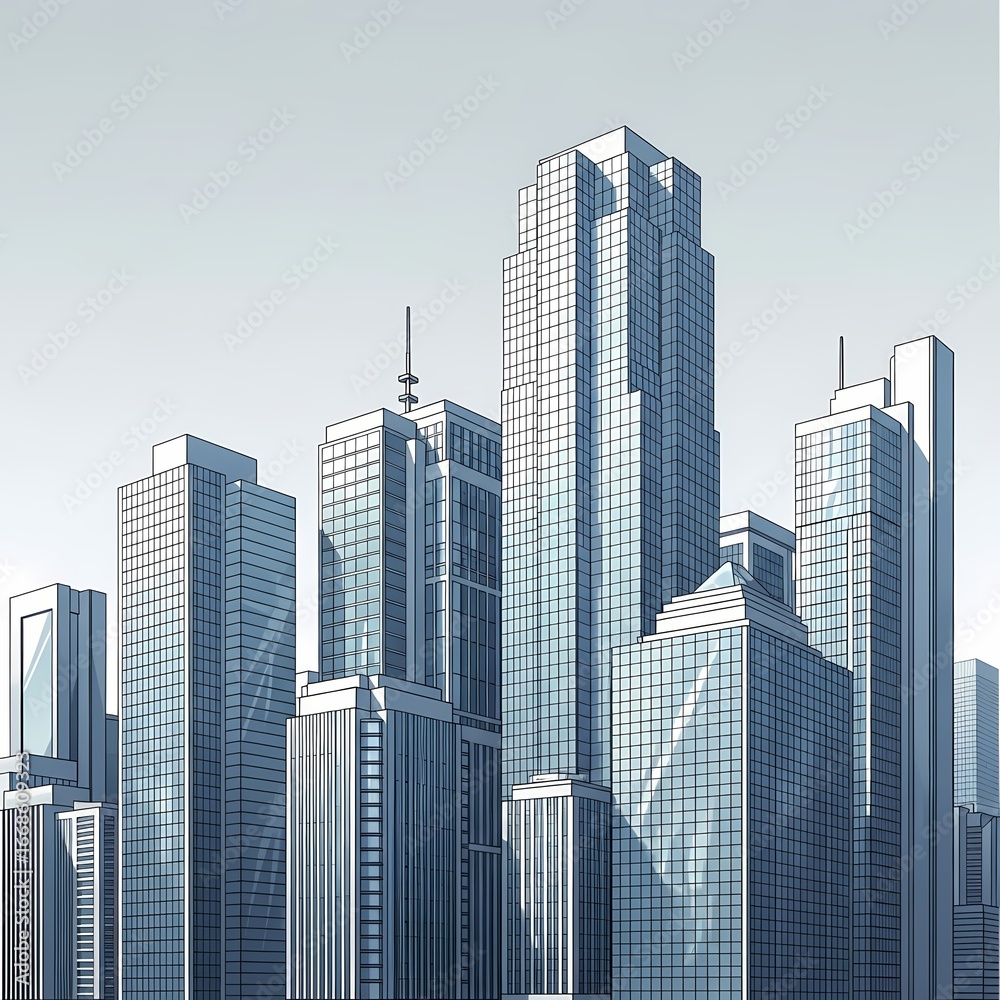 Fototapeta premium A low-angle view of a city skyline featuring tall, modern skyscrapers with glass facades under a bright sky.