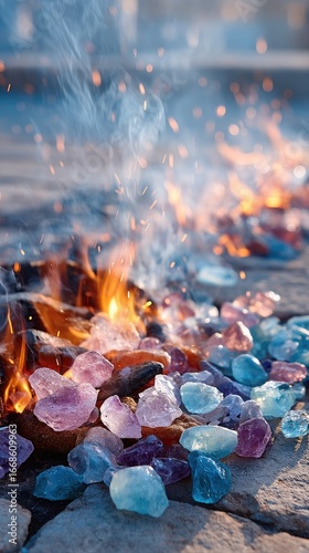 Close-Up of Glowing Embers and Colorful Stones in a Fire Ritual