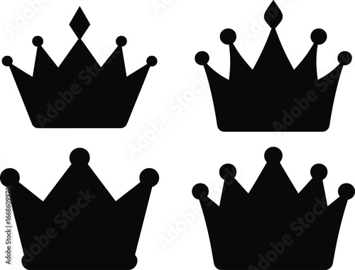 Crown silhouette icons, royal symbol design, black crown clipart, luxury emblem art, monarchy vector illustration, regal headwear graphic, king queen crowns