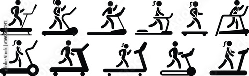 Black and white treadmill exercise icons, running and walking silhouettes, fitness vector illustrations, gym workout symbols, cardio training graphics, sports activity design