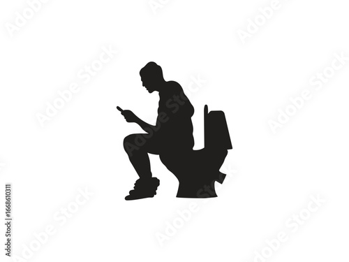 A man absorbed in his phone while sitting on the toilet, a modern daily habit captured in silhouette.