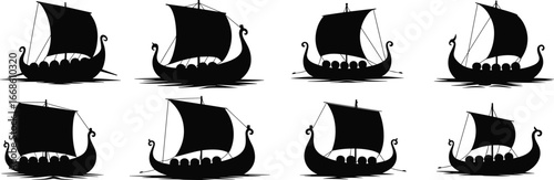 Viking ship silhouette, ancient longship illustration, dragon head prow, medieval sailing vessel, Norse maritime history, Scandinavian culture, nautical icon, historical artwork