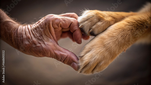 Heart shape formed by senior hand and cat paw close up, symbolizing love and connection between human and pet