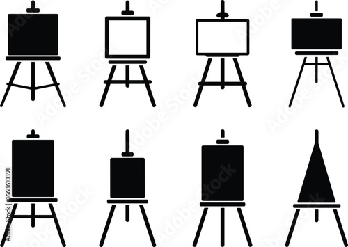 Black and white easel icons, artist canvas silhouette set, painting stand collection, art studio equipment, creative workspace illustration, drawing board design