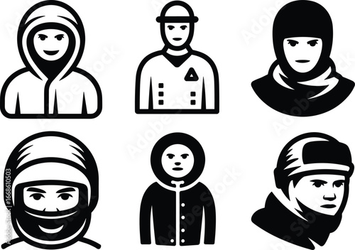Black and white people icons, various headgear styles, professions and clothing, winter wear, protective gear, illustration set, vector design, silhouette art