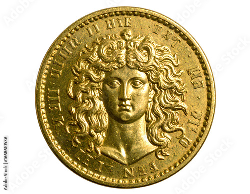 Medusa heMedusa head engraved gold coin isolatedad engraved gold coin isolated on a transparent background.