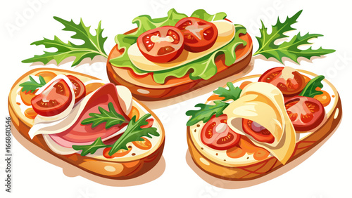  
Very beautiful Three open face sandwiches featuring toasted bread, prosciutto, arugula, cheese, and fresh tomatoes. Offers a delicious and healthy meal option for breakfast, lunch, or . white backgr