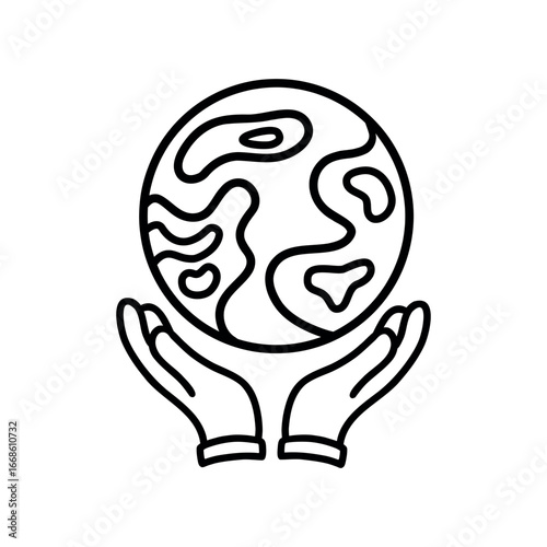 The land is in the hands. An outline icon on a white background. In two hands you hold a globe, a planet, a linear icon for the Internet, mobile devices and infographics.