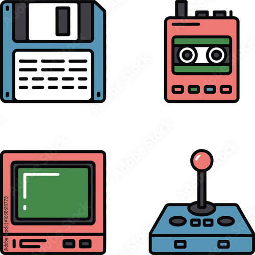 Retro 80s Tech Icons  Floppy Disk Cassette Tape Computer Joystick