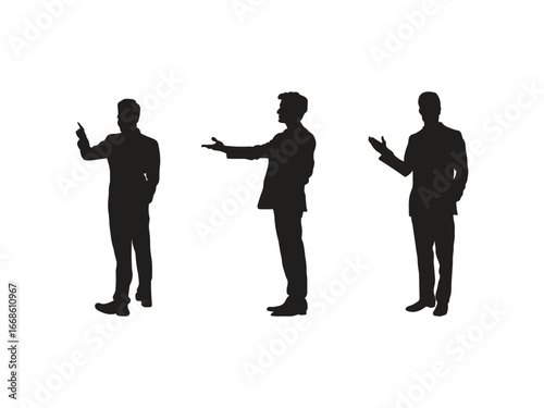 Three businessmen in silhouette are gesturing, presenting ideas, and communicating in a professional setting.