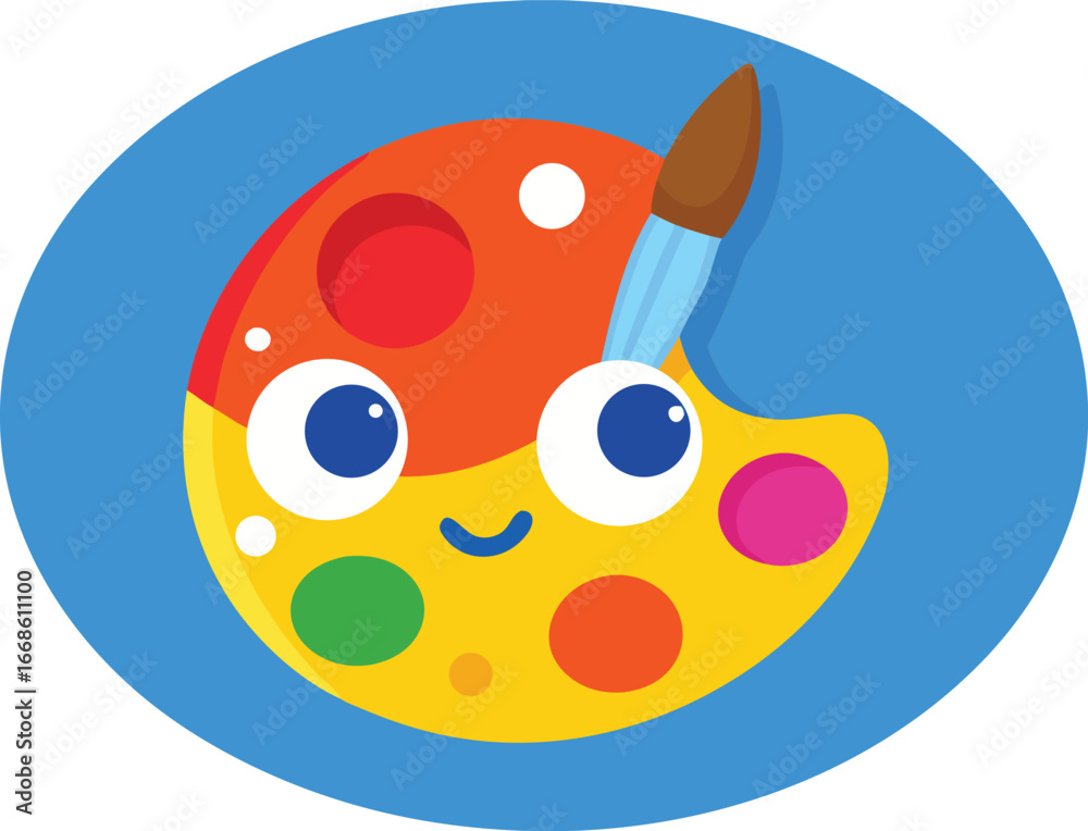 Fototapeta premium Funny cartoon paint palette with a brush, big eyes, and a smile, isolated on a blue background