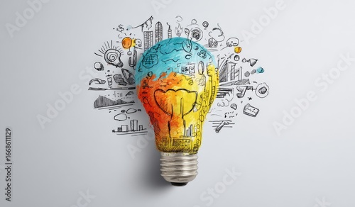 A vibrant lightbulb, painted in hues of blue, orange, and yellow, sits against a white backdrop, encircled by hand-drawn sketches depicting business concepts, graphs, and ideas