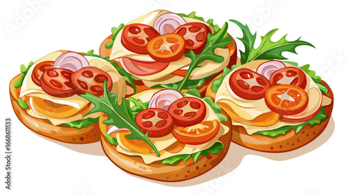  
Very beautiful Three open face sandwiches featuring toasted bread, prosciutto, arugula, cheese, and fresh tomatoes. Offers a delicious and healthy meal option for breakfast, lunch, or . white backgr