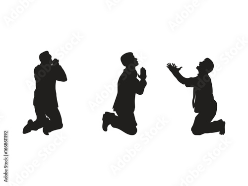 Silhouettes of men kneeling in prayer, one with hands clasped, another with arms raised, conveying hope and devotion.