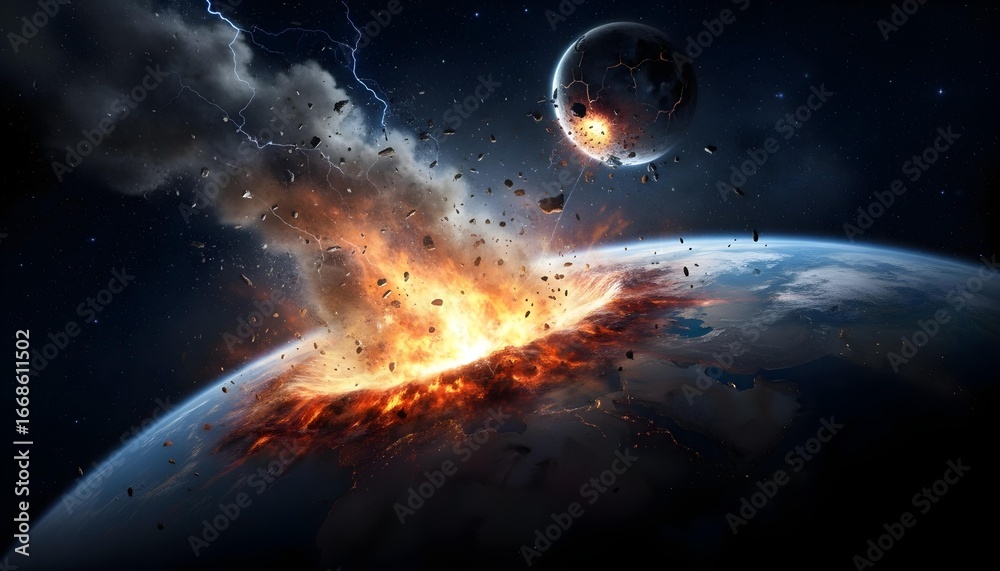 Fototapeta premium Moon collision impact on earth