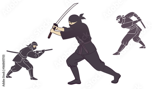 single Ninja character with sword is in fight. Shinobi with katana attacks. Samurai in mask is training with weapon. Japanese warrior, fighter defenses. Flat isolated vector illustration on white back