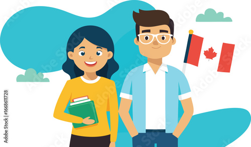 Two young students with books and canadian flag, representing international education or immigration to canada