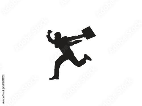 A dynamic businessman running with a briefcase and raised hand, symbolizing success and forward momentum in business.