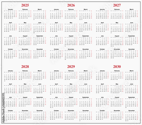 Minimalist 6-Year Calendar 2025, 2026, 2027, 2028, 2029, 2030 with Monday Start – Clean Grid Layout for Long-Term Planning, Scheduling, and Annual Overview