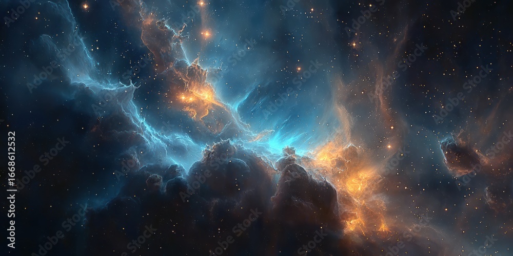 Fototapeta premium A stunning cosmic scene featuring vibrant nebulae with hues of blue, orange, and black, set against a backdrop of countless stars in the universe.