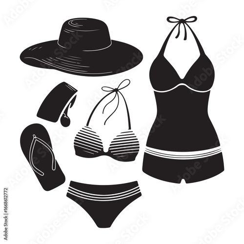 Black Silhouette of Beachwear Bikini, Swimsuit, Hat, and Flip-Flops