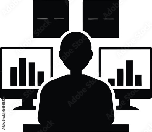 Business Analyst Icon: A silhouette of a person surrounded by multiple computer screens. Visualizing real-time data analysis in a dynamic and insightful graphic. 