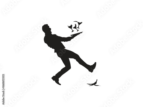 A man slipping on a banana peel loses balance, dropping martini glasses in a comical moment.