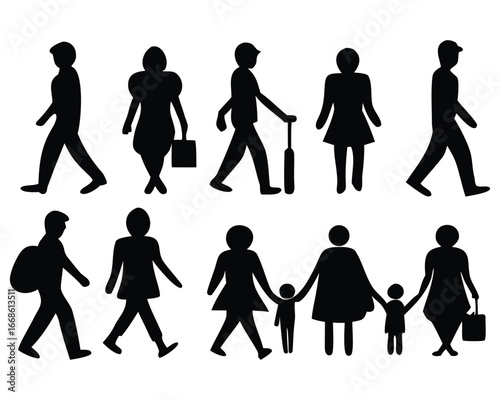 Diverse Silhouettes of People Walking and Carrying Items