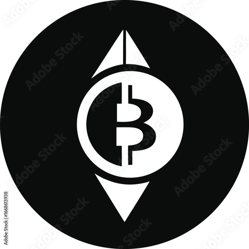 Digital Currency Icon: A stylized monochrome design of a digital currency icon, presented within a circular frame, showcasing modern technological symbol.