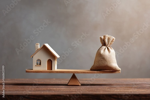 House model balanced with a money bag on a wooden scale
