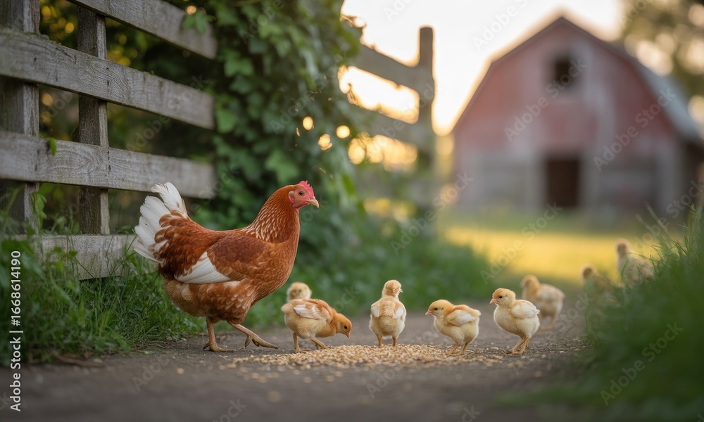 Fototapeta premium Hen and chicks foraging near a rustic fence and barn