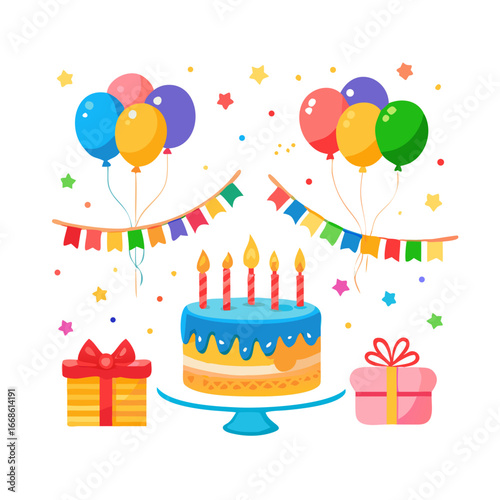 Colorful birthday party elements featuring cake, gifts, balloons, and festive decorations for a happy celebration