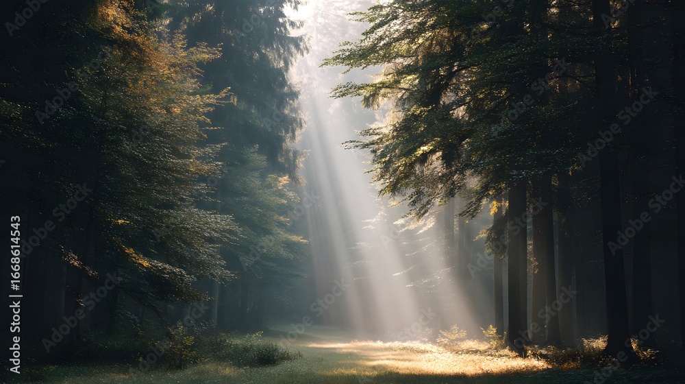 Fototapeta premium A tranquil forest clearing with soft sunlight rays
