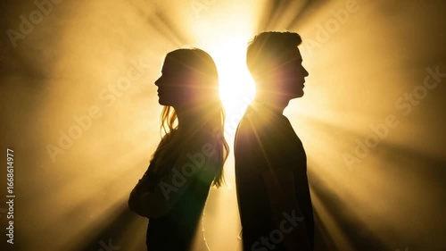 Silhouette of a couple facing away from each other in a sunlit setting