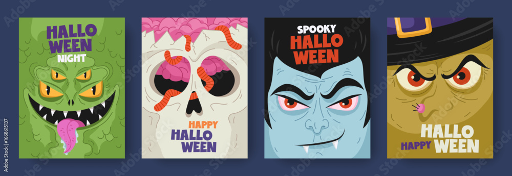 Obraz premium Cartoon colorful cards or posters set of Halloween with faces of monster characters. Hand drawn heads of vampire, witch, skull, monster. Holiday design for print, invitation, flyer, banner