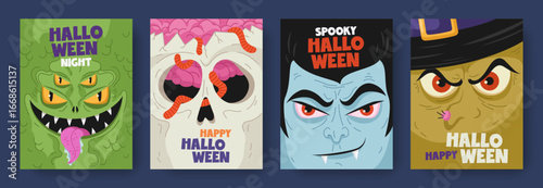Cartoon colorful cards or posters set of Halloween with faces of monster characters. Hand drawn heads of vampire, witch, skull, monster. Holiday design for print, invitation, flyer, banner