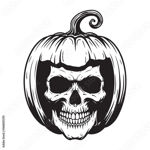 Spooky Skull Inside a Black and White Pumpkin Illustration.