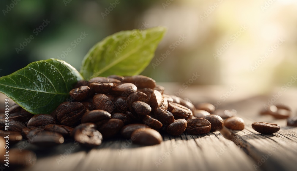 Fototapeta premium Roasted coffee beans on wooden surface with green leaves