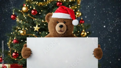 Teddy bear in Santa hat holding a blank sign in front of a Christmas tree