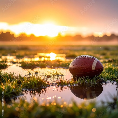 Classic leather American football sitting in the water and mud at the edge of the field