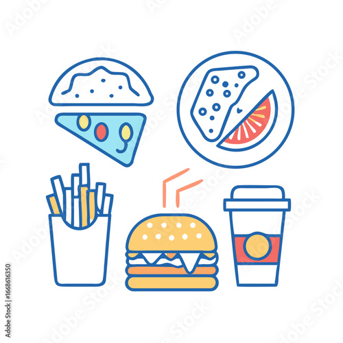Fast food icons, including pizza, hamburger, sandwich, french fries, and drink for restaurant and takeaway menus