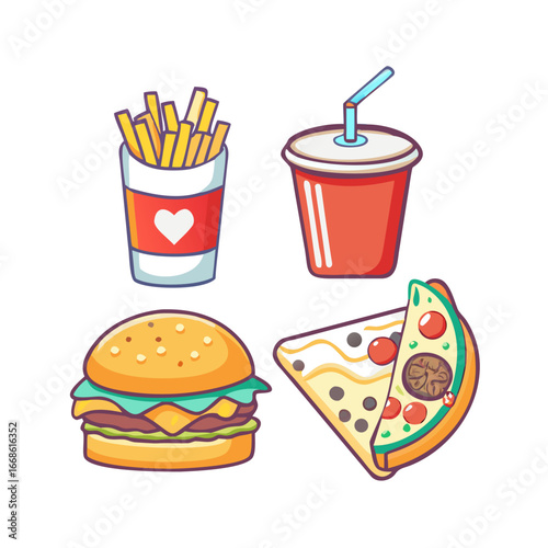 Fast food cartoon, including pizza, hamburger, sandwich, french fries, and drink for restaurant and takeaway menus