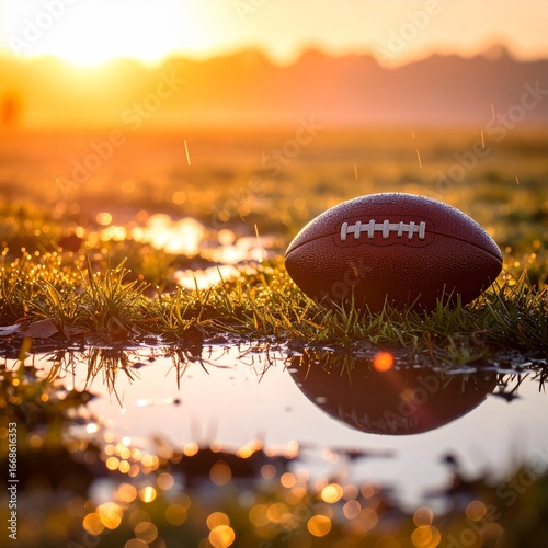 Rugged American football covered in water and mud, reflecting the golden light of sunrise