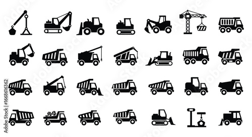 Collection of various construction vehicles and equipment icons in black silhouette