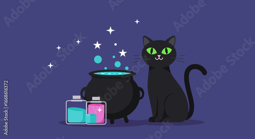 This Flat Design illustration features a playful black cat with bright green eyes, sitting contentedly beside a bubbling cauldron filled with vibrant liquids and floating stars. 
