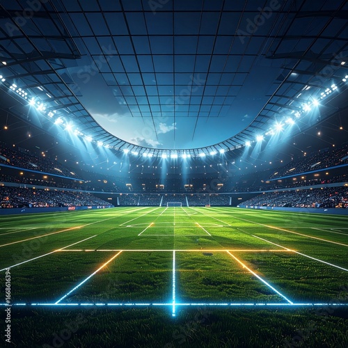 Interior view of a massive stadium with dramatic lighting effects and abstract glowing lines