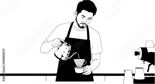 a barista skillfully brewing coffee against a white background in a minimalist cafe setting