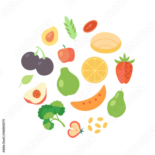 Illustration of various fruits and vegetables in a circle, showcasing healthy eating and diverse nutritional options