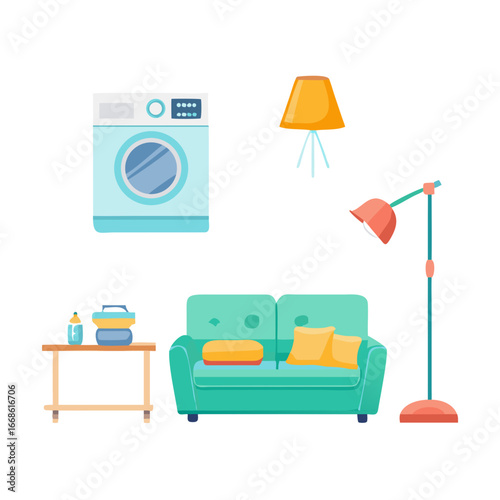 Cozy living room interior with sofa, washing machine, lamps and table
