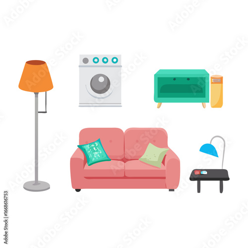 Flat vector illustration of living room furniture, including sofa, lamp, washing machine, table, and cupboard